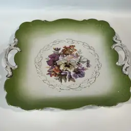 P. M. (Porzellanfabrik Moschendorf)-Bavaria- Square Porcelain Cake Plate- Handled- 10.25” x  9.5” Scalloped Edge Green Floral
