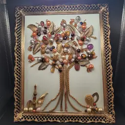 Vintage Jewelry Art "Tree of Life" Upcycled Jewelry Art W/Vtg Frame