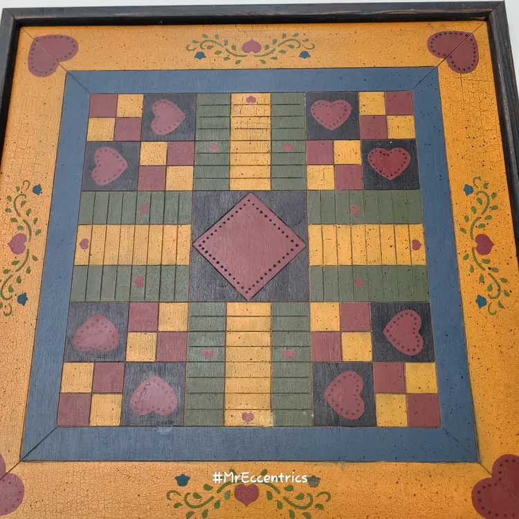 Vtg cottagecore wall decor handmade parchessi game board artist signed 2002