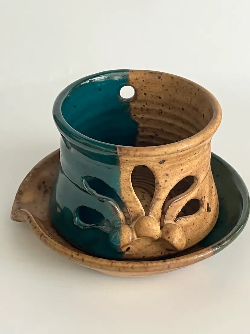 Studio Pottery- Garlic Keeper Jar & Tray - Candle Holder & Tray – Signed – 2.75” High x 5” Wide – Two-Tone Glaze