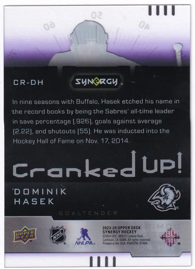 2023-24 Synergy Cranked Up Purple #CRDH Dominik Hasek Buffalo Sabres Hockey Card