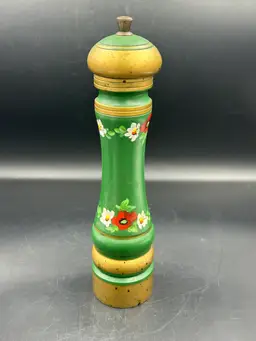 Vintage tall, wood hand, painted Italian green, gold, and floral Peppermill