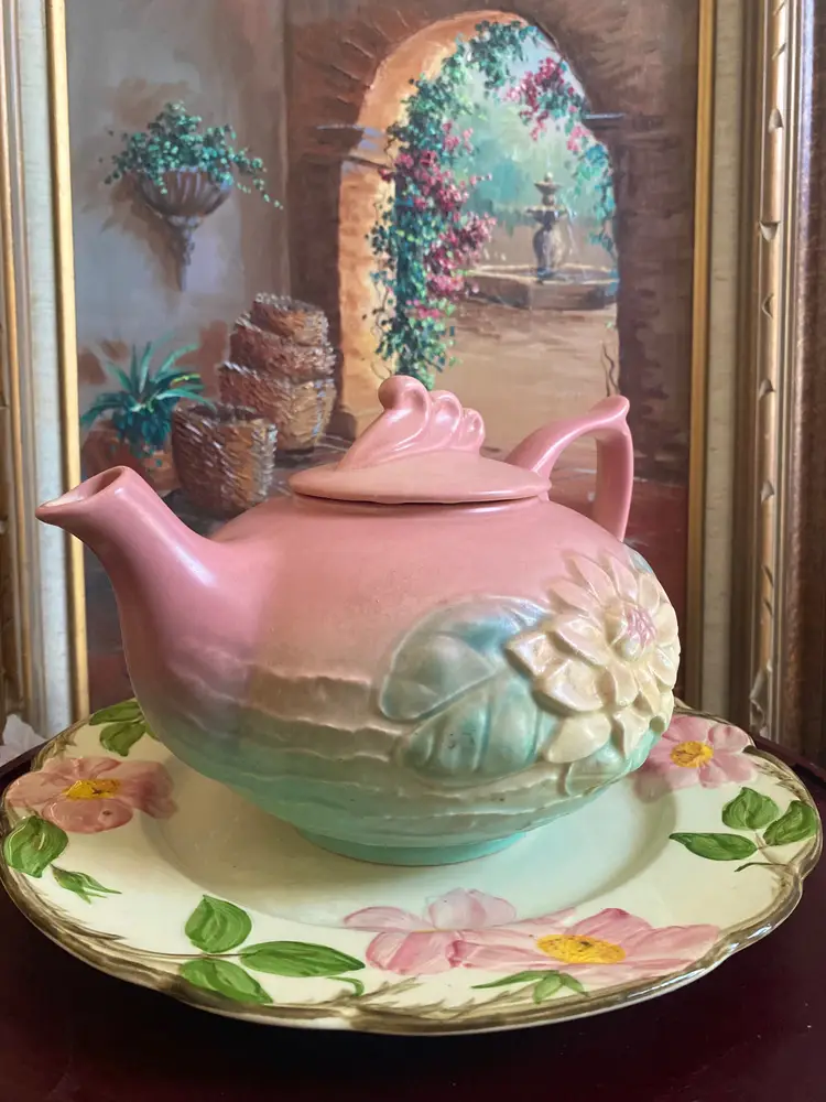 Vintage Yellow Waterlily Floral Embossed Blush Pink Green Gradient Decorated Teapot | USA Made Hull Pottery | Tea Coffee Beverages