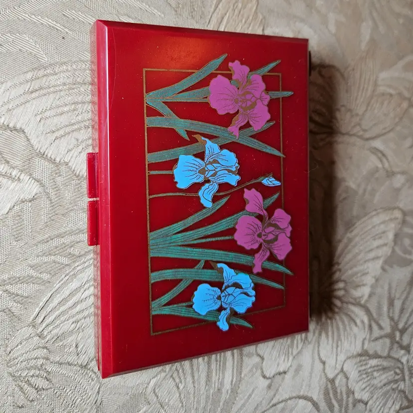 Vintage Burgandy Flower Lacquer Make-up Mirror With 6 Compartments