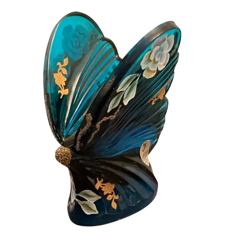 Fenton Hand Painted Turquoise Butterfly 4 1/2” X 3 1/2” HP By B. Fluharty