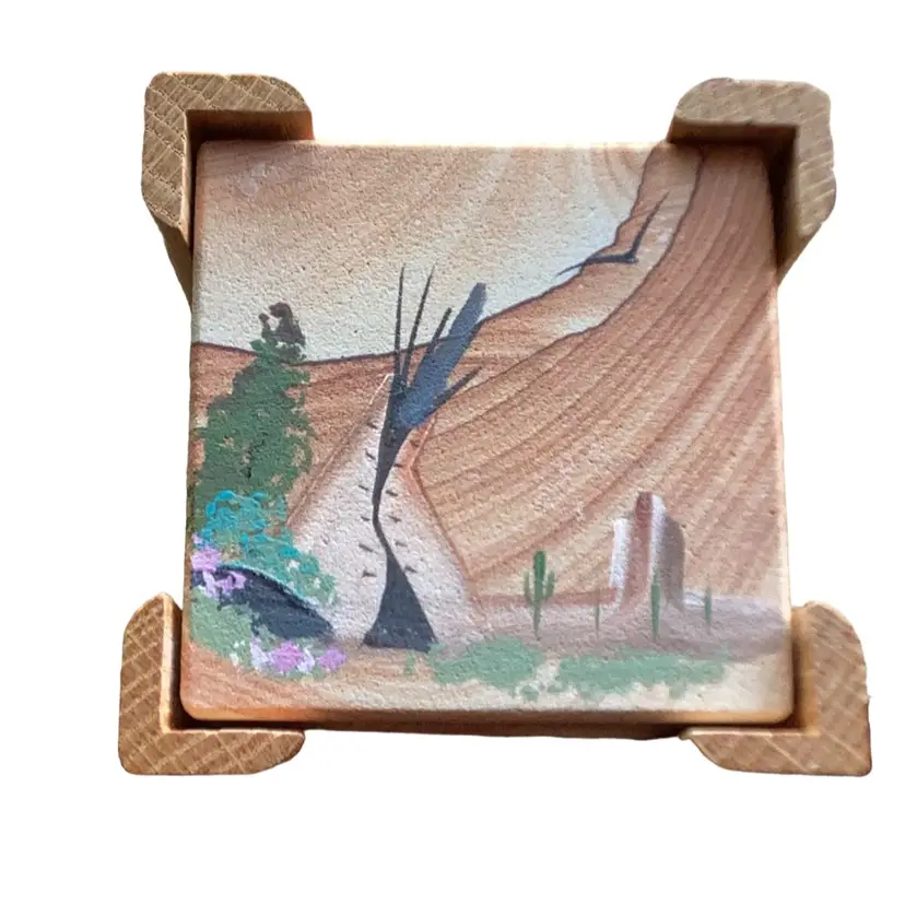 Vintage Handpainted Southwest Design Sandstone Coaster Set In Holder