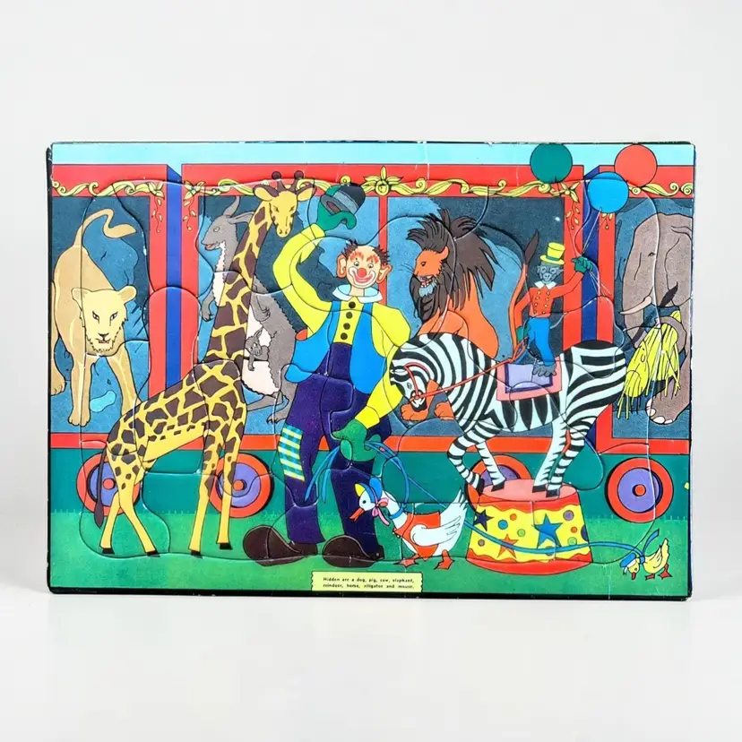 Built Rite Sta-N-Place Puzzle Circus with Clown Giraffe Zebra Lion Tiger Vtg