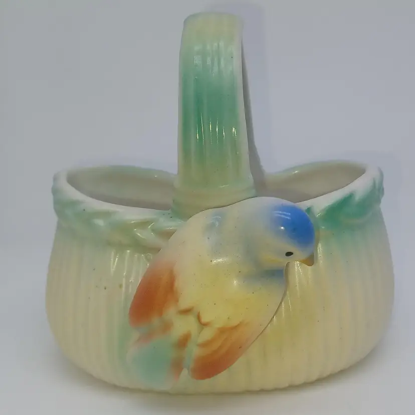 Love Bird Ceramic Green Small Basket Figurine Made in Czechoslovakia Vintage