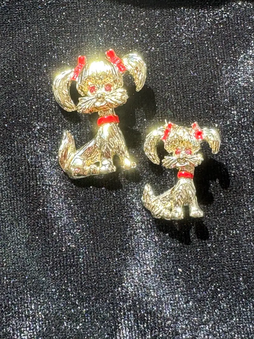 Two Gold Tone Terrier Pins W/ Red Stones And Bows - Signed Vintage