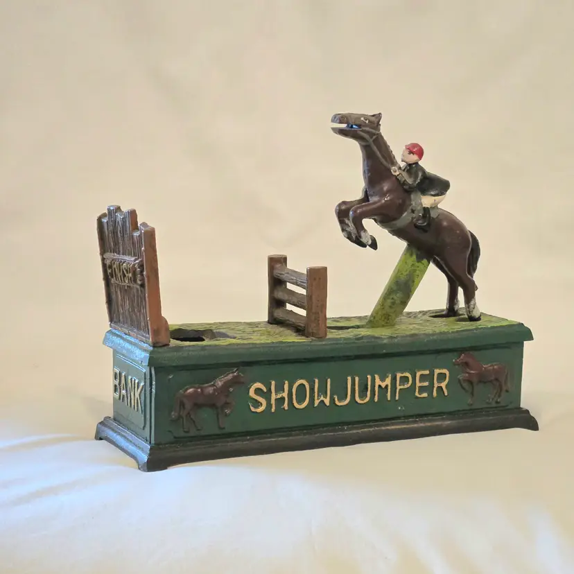 Coin Bank SHOWJUMPER Equestrian Horse Show Heavy Cast Iron Metal Vintage 9" long