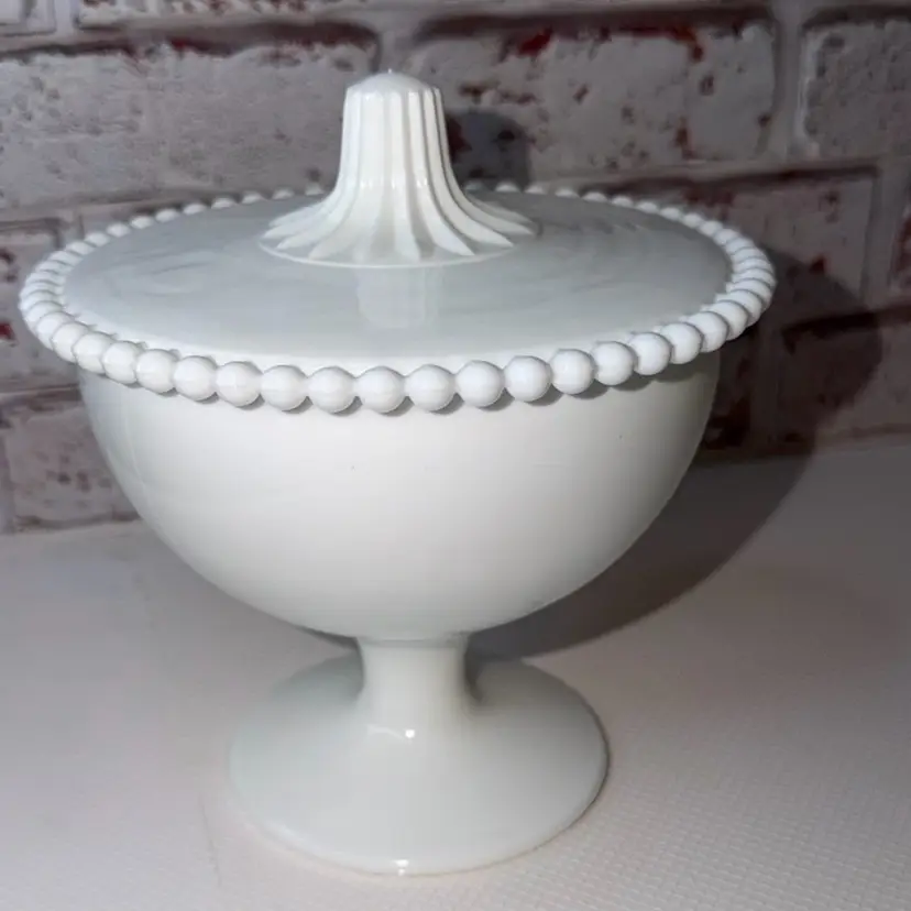 Vintage White Milk Glass Candy Dish Beaded Lid By Indiana Glass