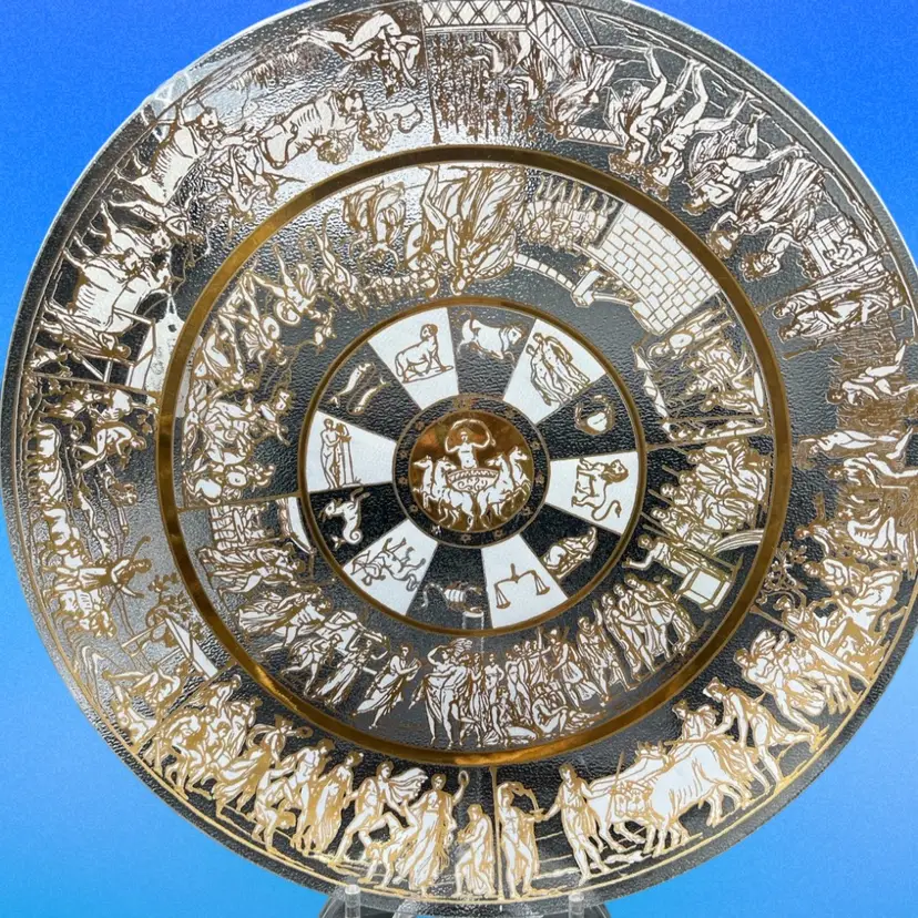 A 1950s Lee Hager Large 20” frosted glass platter with gold zodiac and mythological designs.