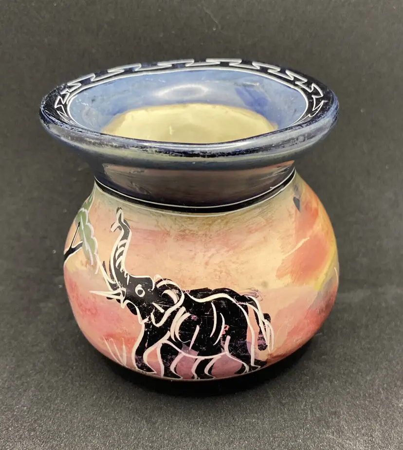 Hand Carved Soap Stone Planter/Vase/Votive Candle Holder Black Jungle Paintings