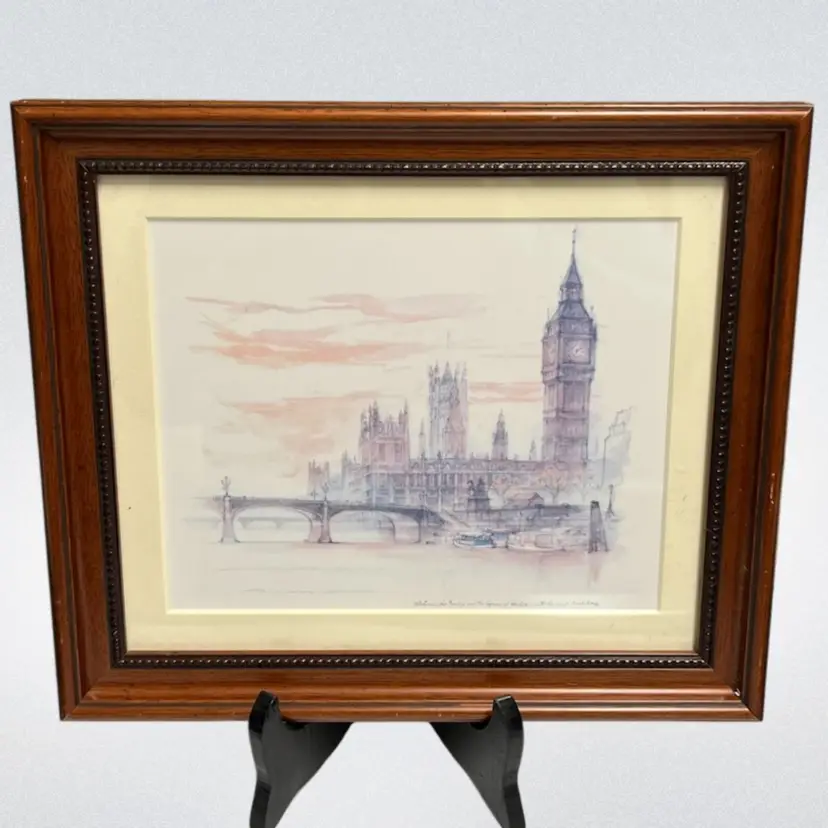 Professionally Framed Vintage Print Entitled 'Westminster Bridge and the Houses of Parliament, London' by Danish Artist Mads Stage- Signed - Great Wood Frame 9.25” X 10.7”