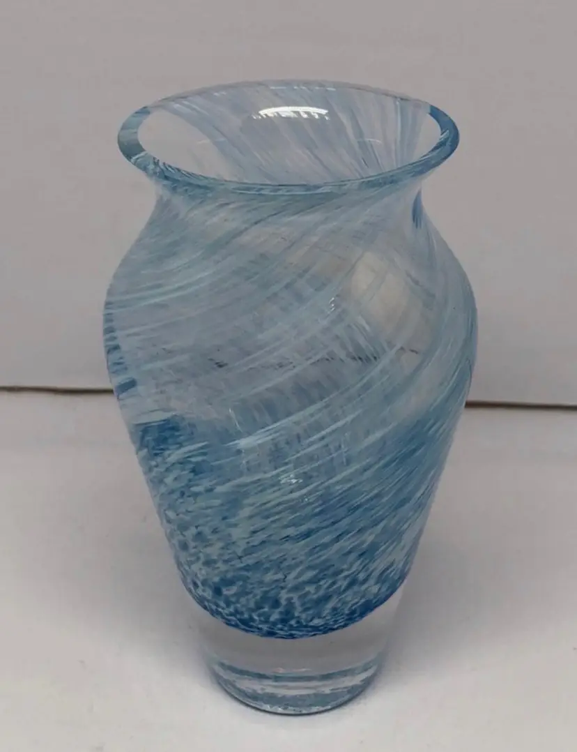 Vintage Caithness Scotland Blue & White Speckled Small Glass Vase