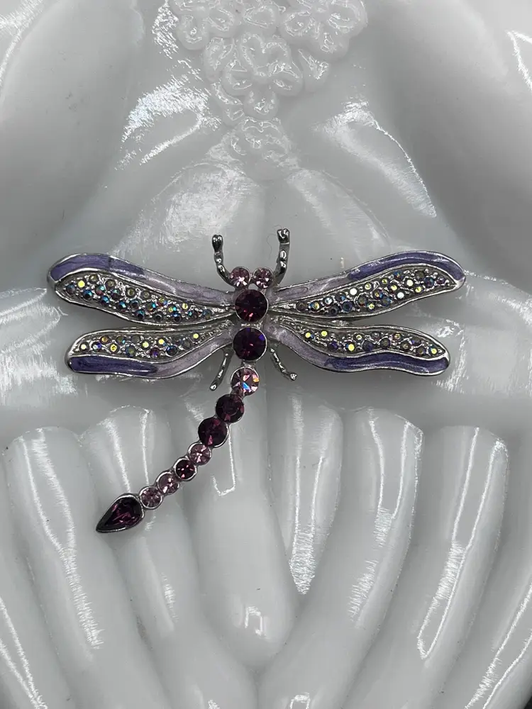 #02 Large Silver Tone Metal Purple Amethyst & AB Rhinestone Dragonfly Brooch 2.75”