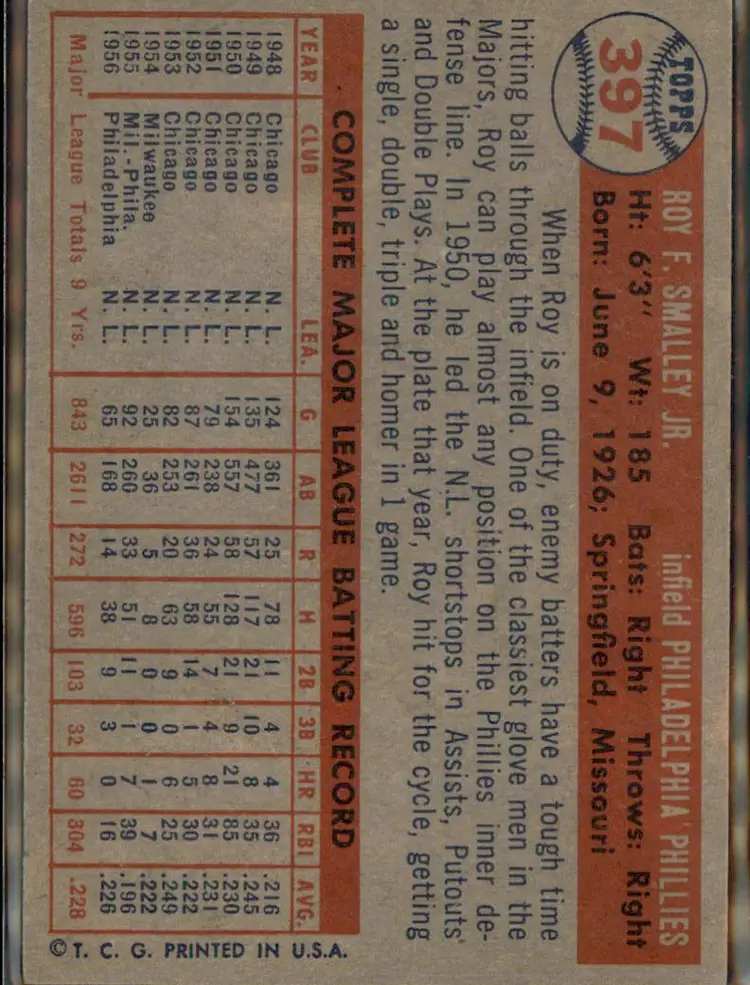 1957 Topps #397 Roy Smalley - (pk1) - Philadelphia Phillies