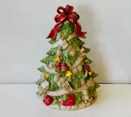 Vintage Ceramic Christmas Tree Lamp With Star Cutouts & Red Bow Topper