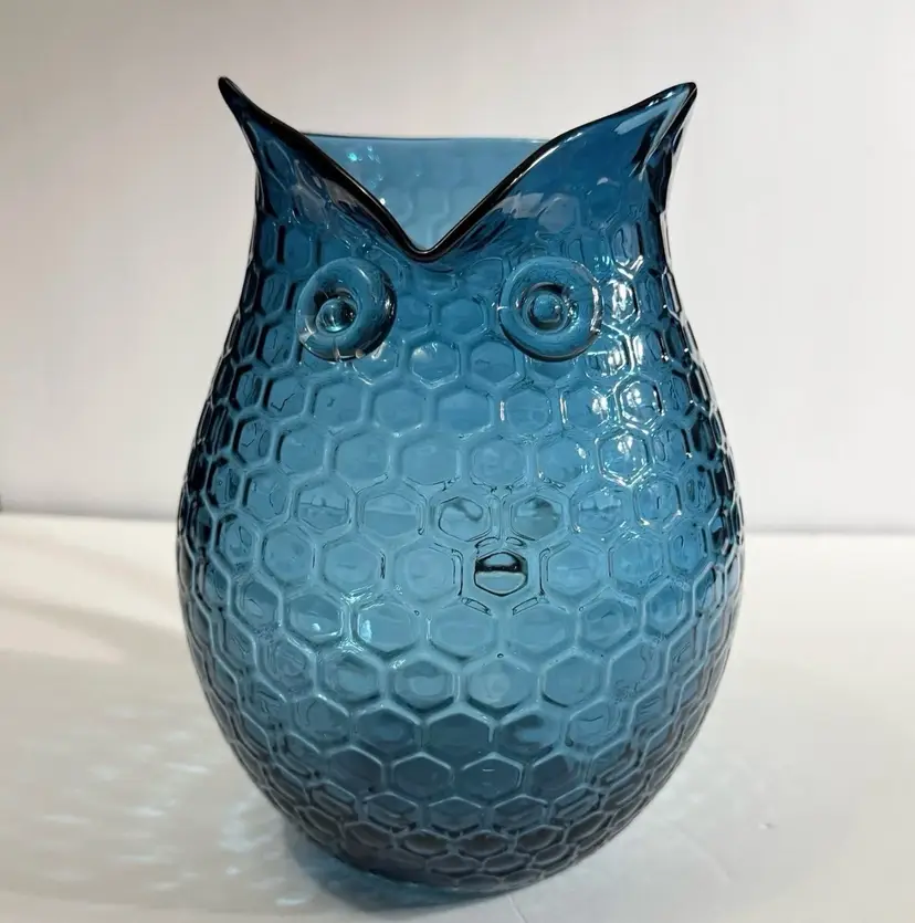 Hand Blown Blue Glass Owl Drinking Pitcher With Applied Eyes Honeycomb Texture