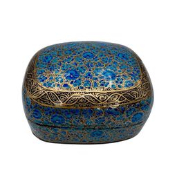 Vtg Kashmir Papier Mache Blue Floral Trinket Box Hand-painted Gold Detail India