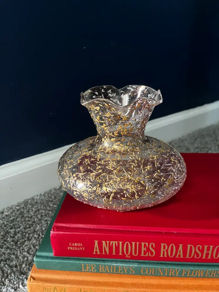 Vintage West Virginia Glass Gold Spatter Flower Vase