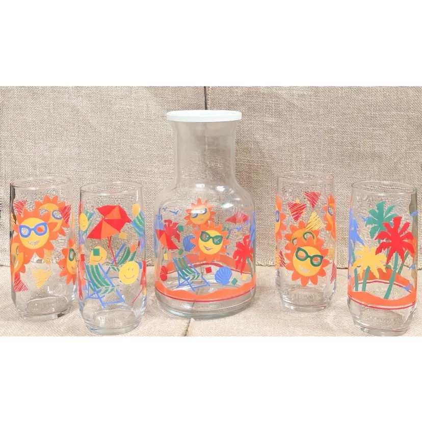 Vintage Libbey Summer Sun Beach Juice Carafe & Optic Swirl Glass Tumbler Set