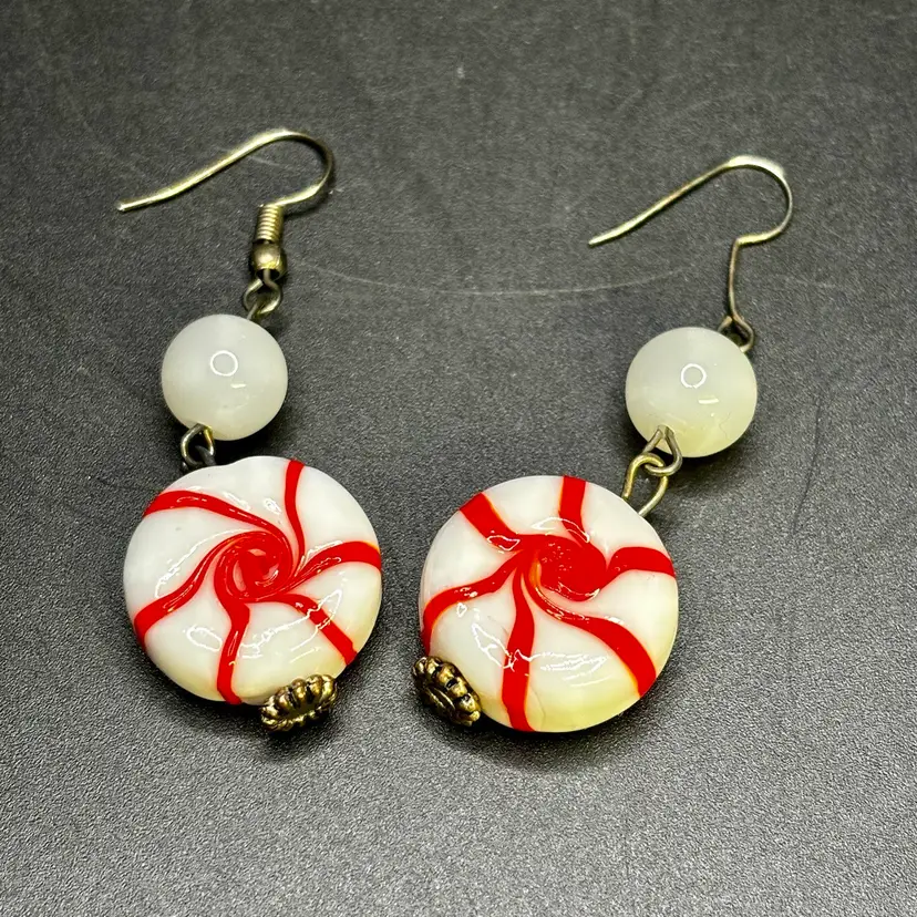 Glass Peppermint Candy Red & White Drop Hook Earrings 2”