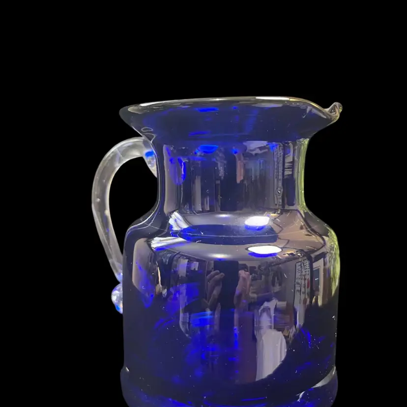Gorgeous Designs-Art Glass Cobalt Blue w/ Applied Clear Handle Pitcher