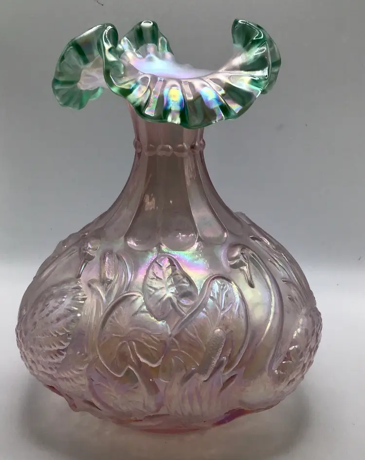 Fenton Champagne Satin And Sea Mist Green 8.5” Vase Signed