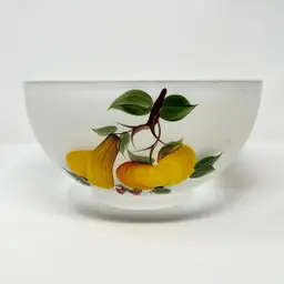 02- Vintage Hazel Atlas & Gay Fad Studios Frosted Glass Bowl with Hand-Painted Fruit Design 10"