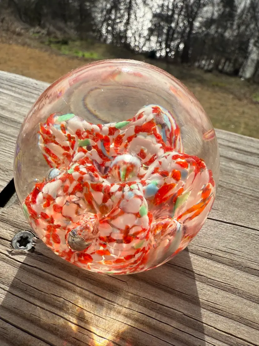 Art Glass EndofDay Paperweight  Red, White & Green Frit