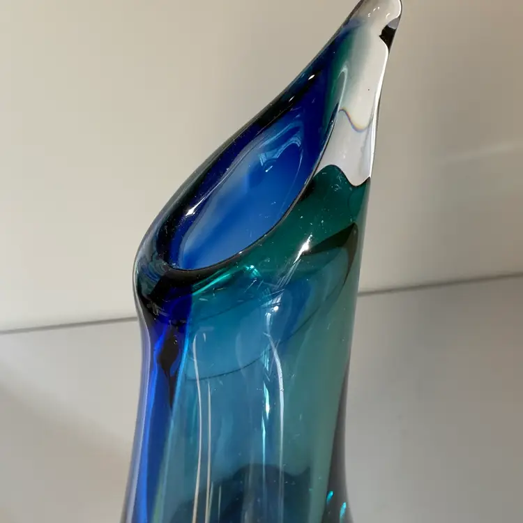 Artcristal Bohemia Blue And Aqua Hand Blown Glass Vase 8.25”