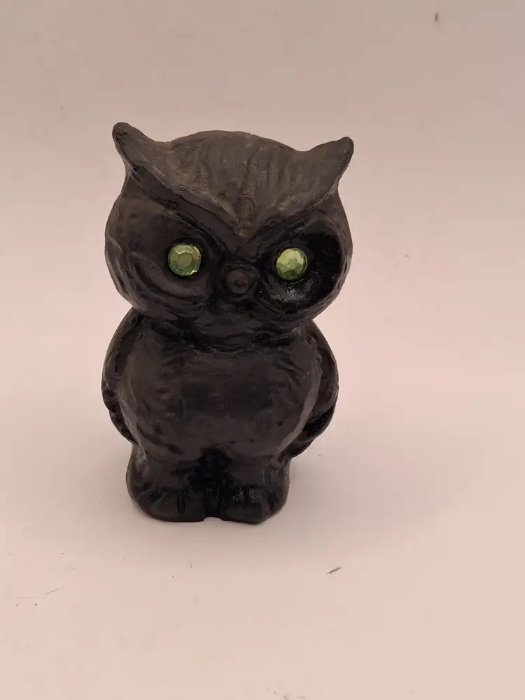 Handcrafted Carving of Owl from Coal with Green Jeweled Eyes
