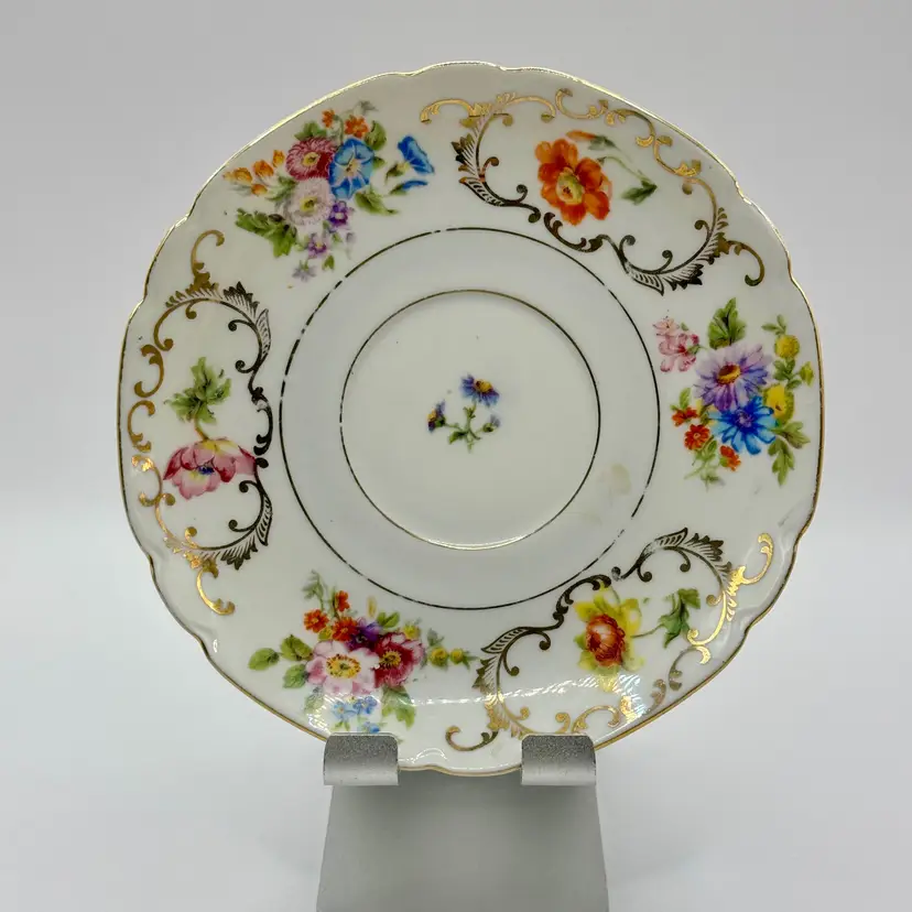 Vintage VIT21 Pattern Floral Gilded Porcelain Trinket Dish Saucer, Victorian Style, Delicate Hand Painted Flowers, Collectible, By Victoria, Made In Czecho-Slovania, Discounted MPN 186