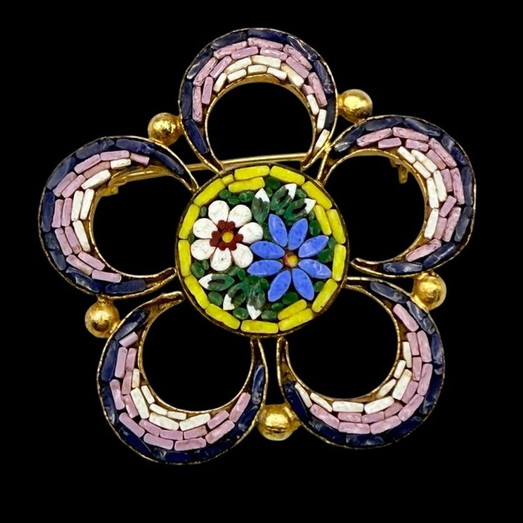 Large Flower Micro Mosaic Brooch Open Work 2" Purples Multi Color Gold Tone 5 Petals Italy