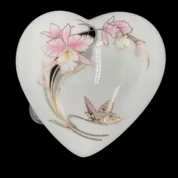 Vintage Art Nouveau-style Heart Trinket Box w/Butterflies, Orchids, Gold, Japan