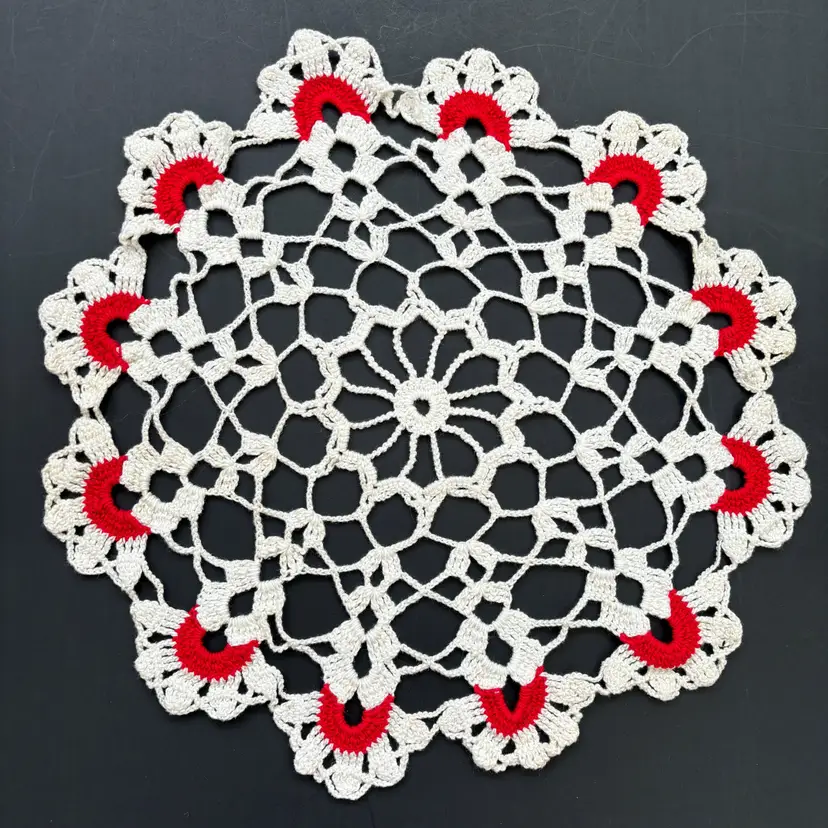 Cotton Hand Crochet Lace Doily Flower Red White Round Cottage Core Vintage Granny