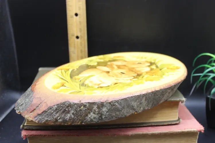 VTG Bunny Plaque Live Edge Wood with Decoupage Bunny Rabbits Kitsch