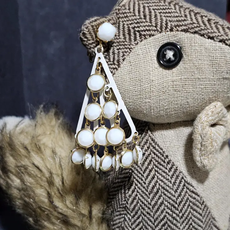 Hong Kong Goldtone Christmas Tree With Prong Bezel Faceted Plastic White Dangle Earrings!!!