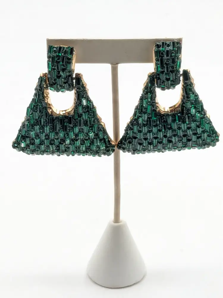 Statement Emerald Green Rhinestone Pierced Gold Tone Earrings