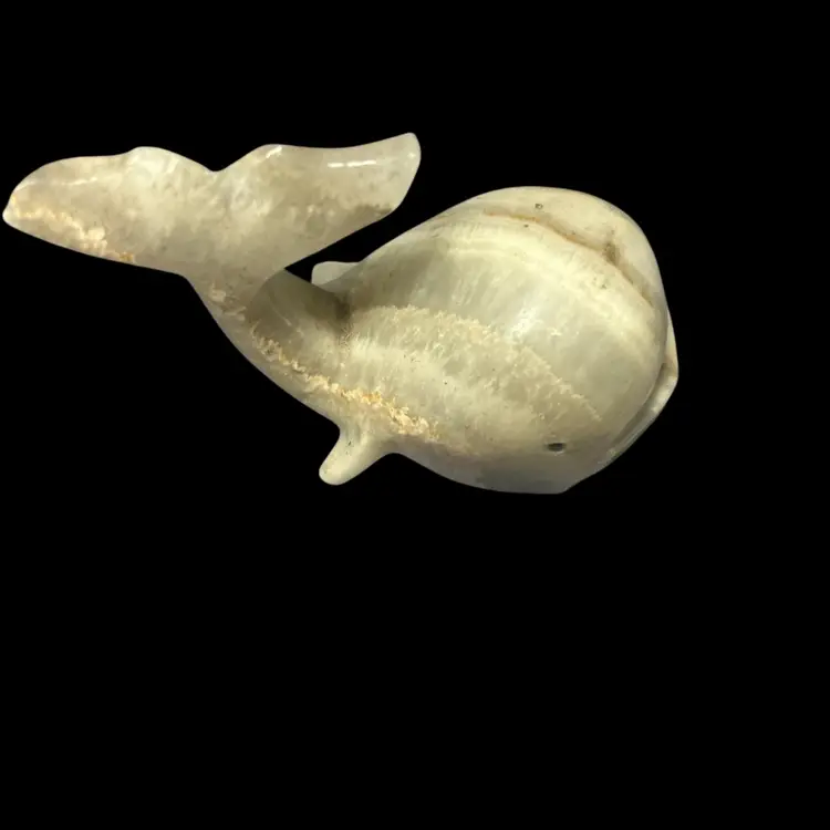 Vintage Hand-Carved Green Onyx Whale Figurine | Banded Stone Whale Sculpture | 3.5” Natural Stone Ocean Decor