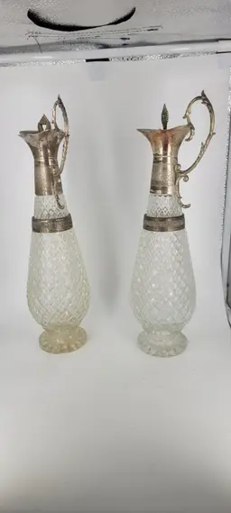 Vtg Diamond Point Glass & Silver Plate Leonard Claret Wine Decanter Set 2 14"