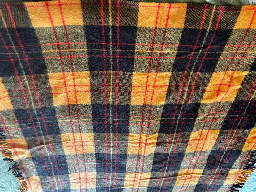 #1086B Vintage FARIBO Wool Blanket Plaid Throw Fluff Loomed Orange/ Red/ Brown 52"x54"