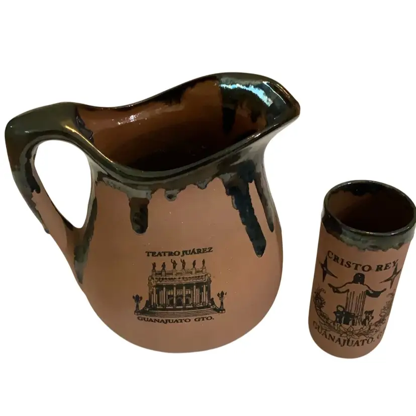 Gorgeous Mexico Folk art Pottery Pitcher 40 Ounces And Four Tumblers 10 Ounces Pitcher Is 9” Tall Or 6” Diameter At Widest