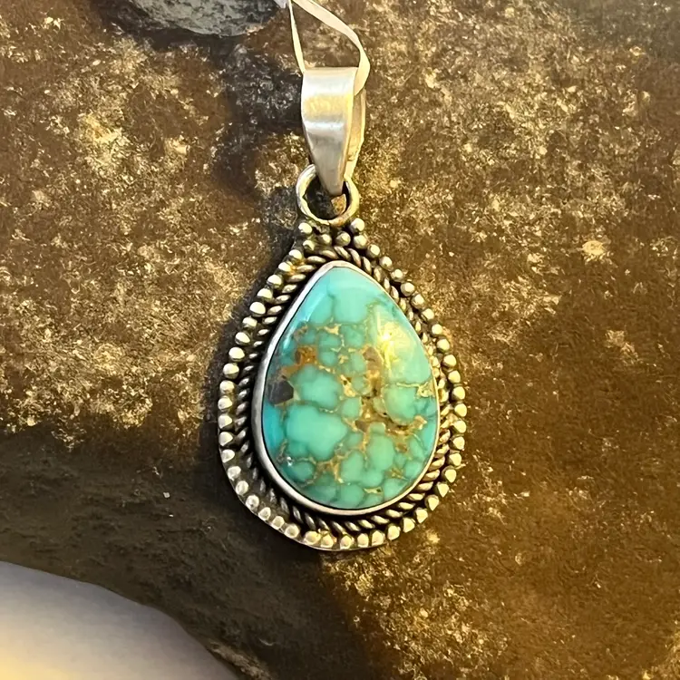 925 Sterling Silver Lone Mountain Turquoise Teardrop Pendant Handcrafted Detail