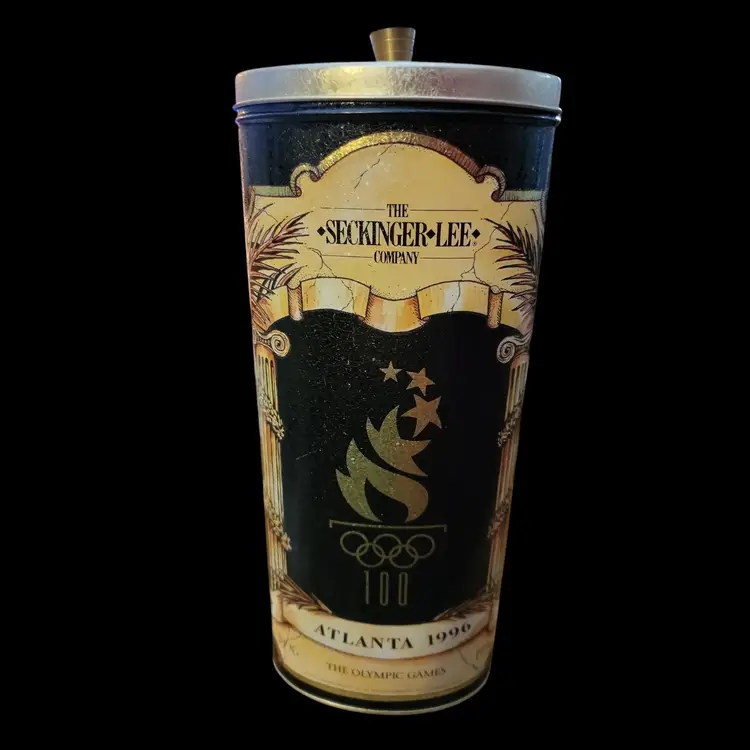 Vtg Atlanta 100th Year Olympics 1996 Collectible Bisquit Tin Designer Signed 10 1/2" Tall