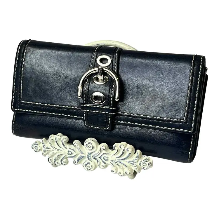 VTG COACH Black All Leather Long BUCKLE WALLET Credit Card Tri Fold + Zip Coin