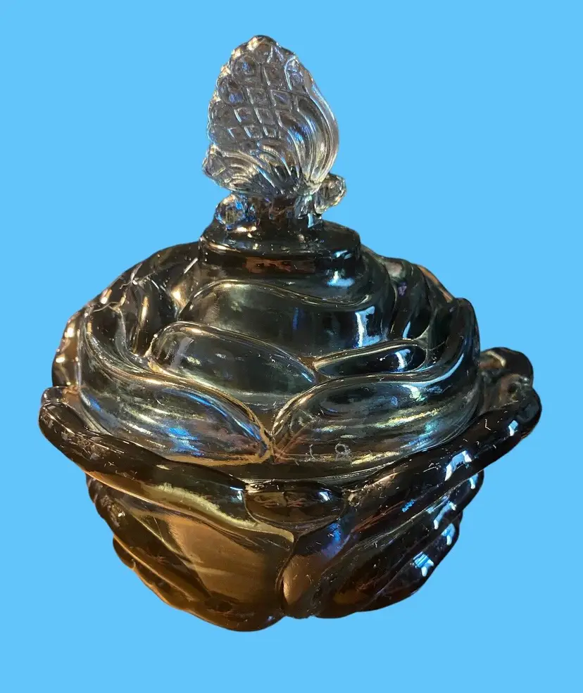 Fenton Butterfly Cabbage Rose Powder Jar Trinket Box Blue Gray READ