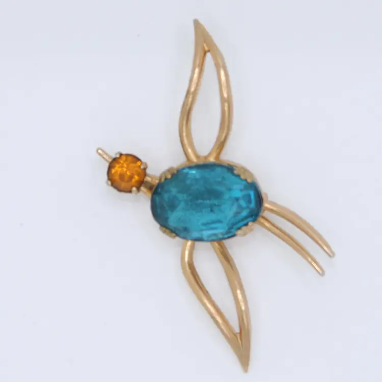 Vintage 40s Coro Pegasus Rhinestone Wirework Blue & Orange Bird Pin Brooch