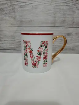 Ciroa With Love Mug Monogram Initial M Real Gold Handle 12 oz Holiday Design Cup